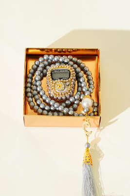 Taşlı Zikirmatik ve İnci Tesbih Seti Gri - MİSS İPEK