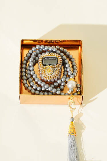 Taşlı Zikirmatik ve İnci Tesbih Seti Gri - TESBİH&ZİKİRMATİK