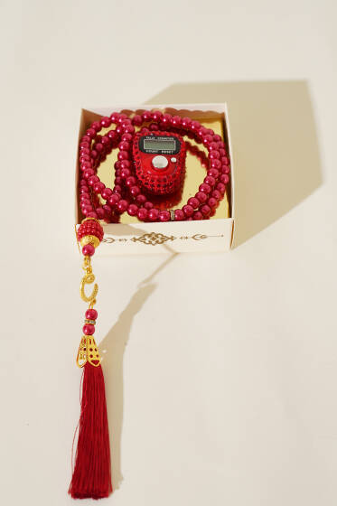 Taşlı Zikirmatik ve İnci Tesbih Seti Kırmızı - TESBİH&ZİKİRMATİK