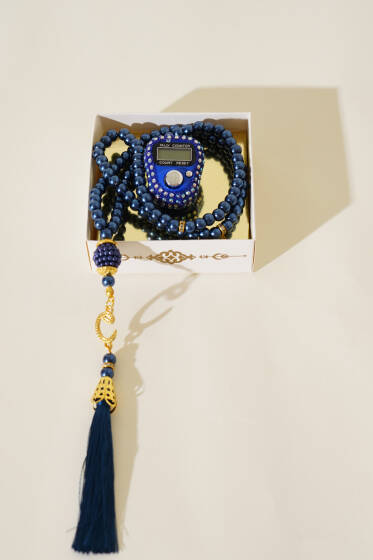 Taşlı Zikirmatik ve İnci Tesbih Seti Lacivert - TESBİH&ZİKİRMATİK