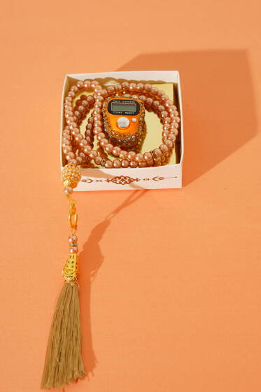 Taşlı Zikirmatik ve İnci Tesbih Seti Latte - TESBİH&ZİKİRMATİK