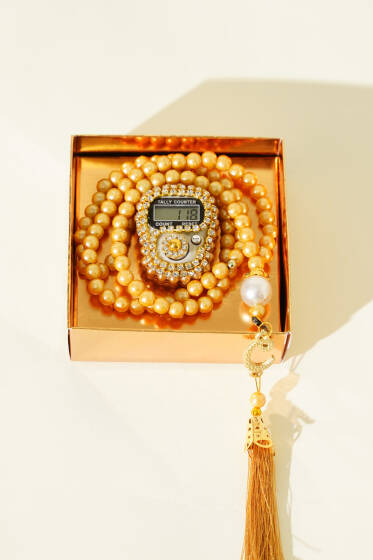 Taşlı Zikirmatik ve İnci Tesbih Seti Latte - TESBİH&ZİKİRMATİK