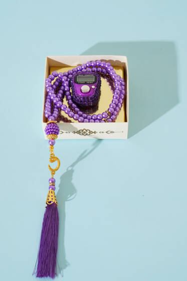 Taşlı Zikirmatik ve İnci Tesbih Seti Mor - TESBİH&ZİKİRMATİK