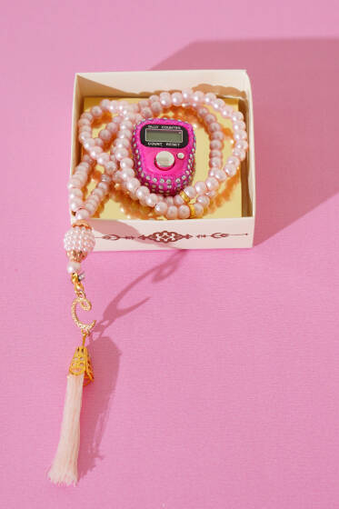 Taşlı Zikirmatik ve İnci Tesbih Seti Pembe - TESBİH&ZİKİRMATİK