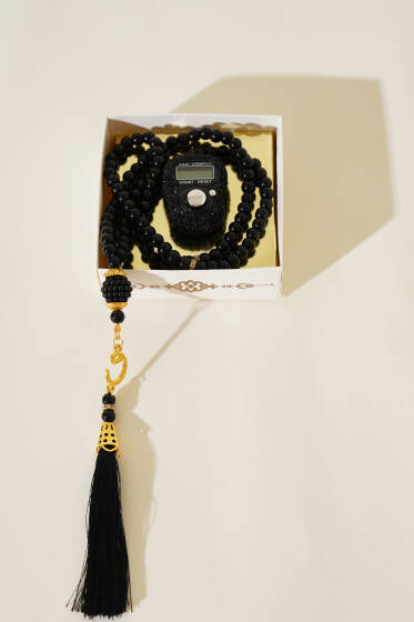 Taşlı Zikirmatik ve İnci Tesbih Seti Siyah - TESBİH&ZİKİRMATİK