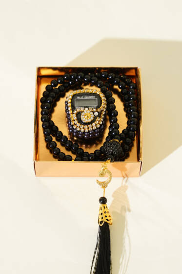 Taşlı Zikirmatik ve İnci Tesbih Seti Siyah - TESBİH&ZİKİRMATİK