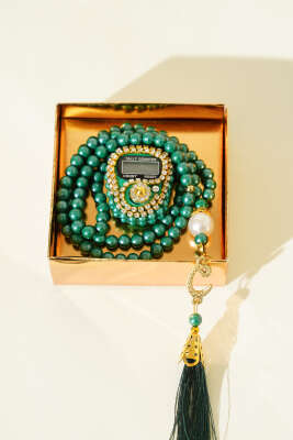 Taşlı Zikirmatik ve İnci Tesbih Seti Yeşil - MİSS İPEK