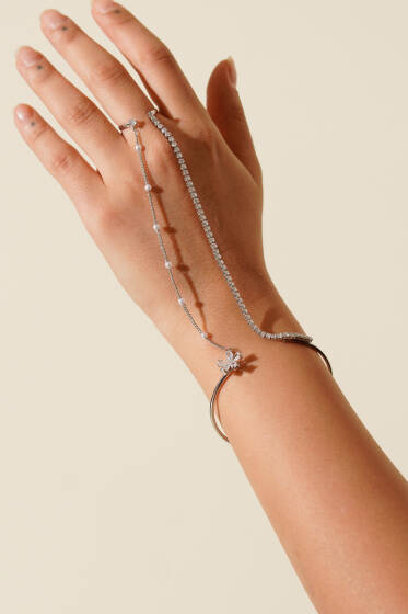 Taşlı Zincir Detaylı Şahmeran Gümüş - Bileklik