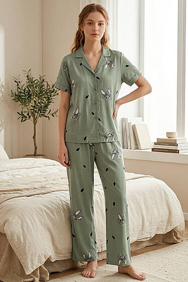 Tavşan Baskılı Gömlek Yaka Kısa Kol Pijama Takımı Çağla Yeşili - Pijama