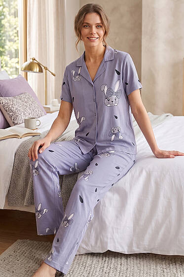 Tavşan Baskılı Gömlek Yaka Kısa Kol Pijama Takımı Gri - Pijama