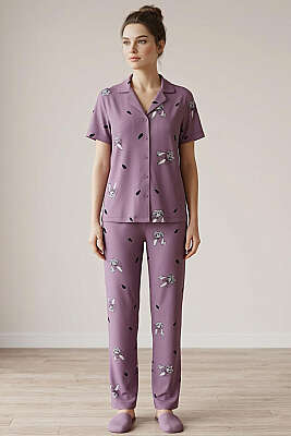 Tavşan Baskılı Gömlek Yaka Kısa Kol Pijama Takımı Lila - IŞILAY