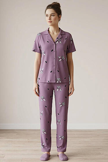 Tavşan Baskılı Gömlek Yaka Kısa Kol Pijama Takımı Lila - Pijama