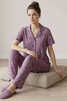 Tavşan Baskılı Gömlek Yaka Kısa Kol Pijama Takımı Lila - Pijama