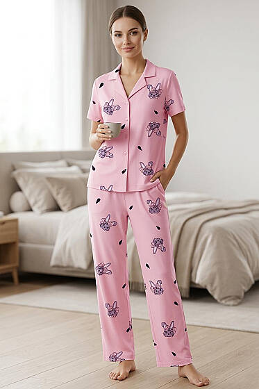 Tavşan Baskılı Gömlek Yaka Kısa Kol Pijama Takımı Pembe - Pijama