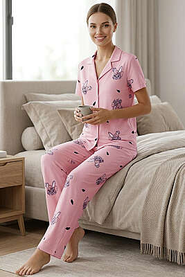Tavşan Baskılı Gömlek Yaka Kısa Kol Pijama Takımı Pembe - Pijama