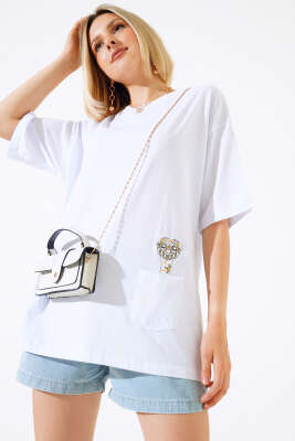 Tavus Kuşu Nakışlı T-shirt Beyaz 