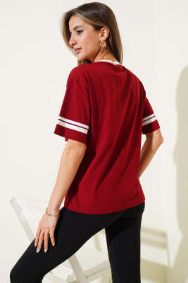 Team Leader Baskılı T-Shirt Bordo - Kadın Giyim Modelleri