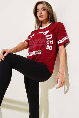Team Leader Baskılı T-Shirt Bordo - Kadın Giyim Modelleri