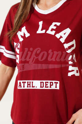 Team Leader Baskılı T-Shirt Bordo - Kadın Giyim Modelleri