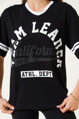 Team Leader Baskılı T-Shirt Siyah - Kadın Giyim Modelleri