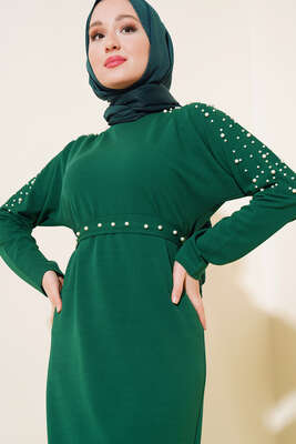 İnci Detaylı Kuşaklı Elbise Zümrüt Yeşili - Thumbnail