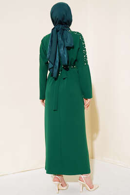İnci Detaylı Kuşaklı Elbise Zümrüt Yeşili - Thumbnail