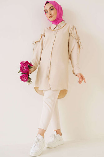 Kolları Fırfırlı İp Bağlamalı Gömlek Bej - Gömlek