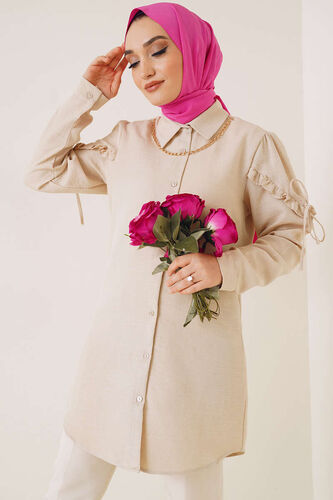 Kolları Fırfırlı İp Bağlamalı Gömlek Bej - TEGOE