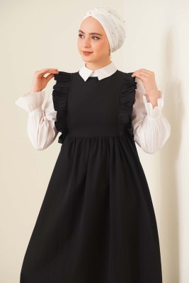 Omuzları Fırfırlı Siyah Jile Elbise - Thumbnail