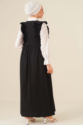 Omuzları Fırfırlı Siyah Jile Elbise - Thumbnail