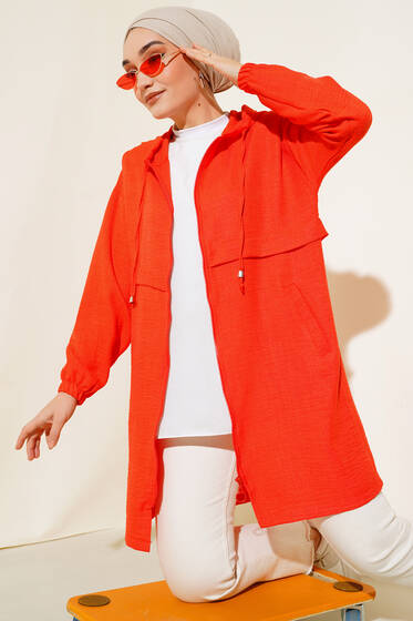 Araboy Kapşonlu Keten Kap Alizarin - Trençkot