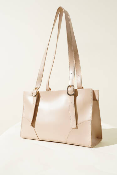 Tek Bölmeli Fermuarlı Çanta Bej - Kol Çantası