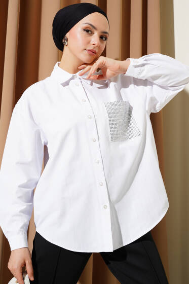 Tek Cebi Taşlı Gömlek Beyaz - Gömlek