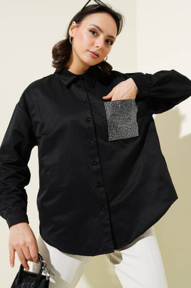 Tek Cebi Taşlı Gömlek Siyah - Gömlek