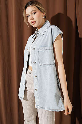 Tek Cep Detaylı Kot Yelek Açık Kar - Kadın Giyim Modelleri