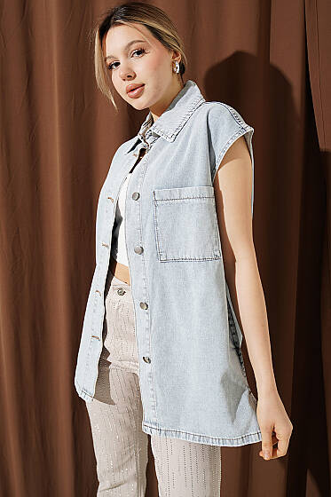 Tek Cep Detaylı Kot Yelek Açık Kar - Kadın Giyim Modelleri