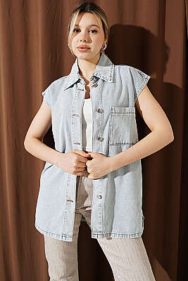 Tek Cep Detaylı Kot Yelek Açık Kar - Kadın Giyim Modelleri