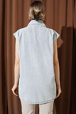 Tek Cep Detaylı Kot Yelek Açık Kar - Kadın Giyim Modelleri