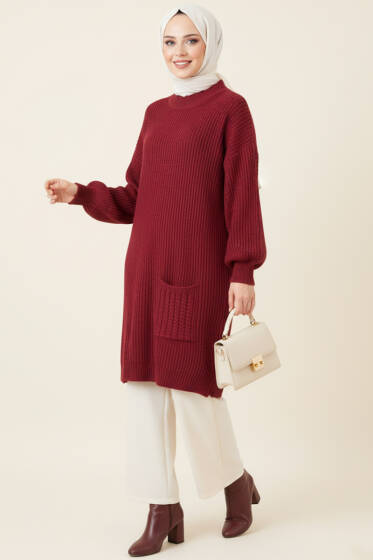 Tek Cep Örgülü Uzun Triko Tunik Bordo - Tunik