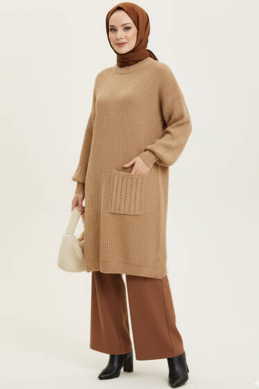 Tek Cep Örgülü Uzun Triko Tunik Camel - Tunik