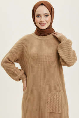 Tek Cep Örgülü Uzun Triko Tunik Camel - Tunik