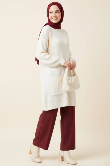 Tek Cep Örgülü Uzun Triko Tunik Ekru - Tunik