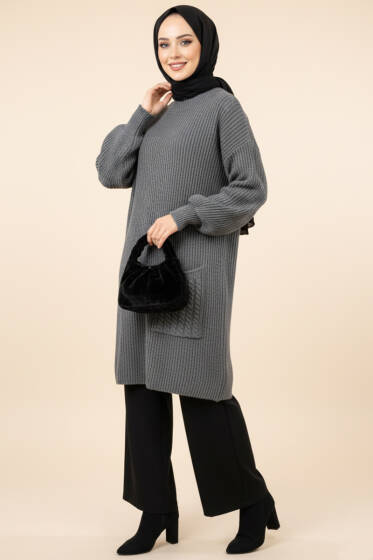 Tek Cep Örgülü Uzun Triko Tunik Füme - Tunik