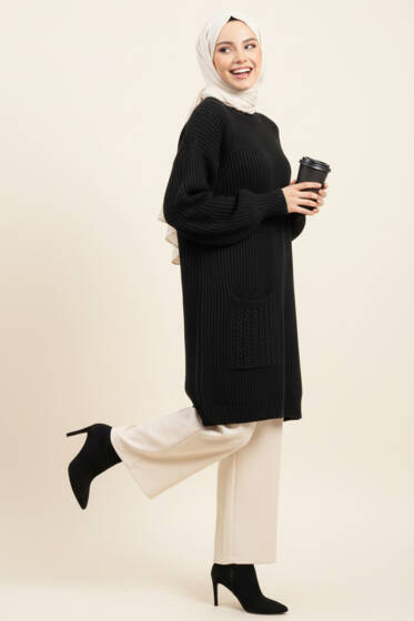 Tek Cep Örgülü Uzun Triko Tunik Siyah - Tunik