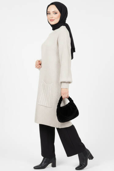 Tek Cep Örgülü Uzun Triko Tunik Taş - Tunik