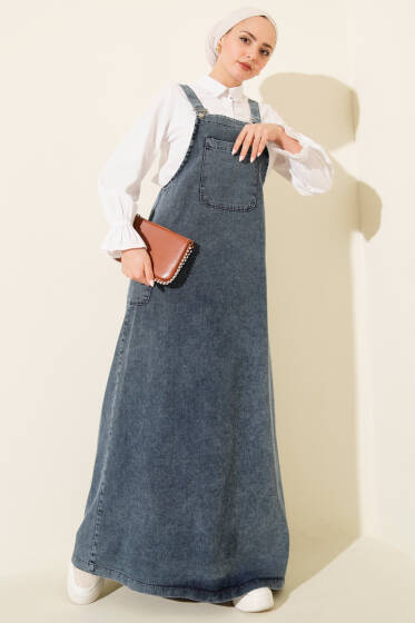 Tek Cepli Askılı Jile Kot Elbise Açık Mavi - Elbise