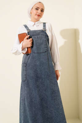 Tek Cepli Askılı Jile Kot Elbise Açık Mavi - Elbise
