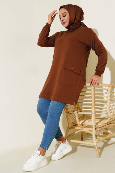 Tek Cepli Büyük Beden Tunik Kahve - Tunik