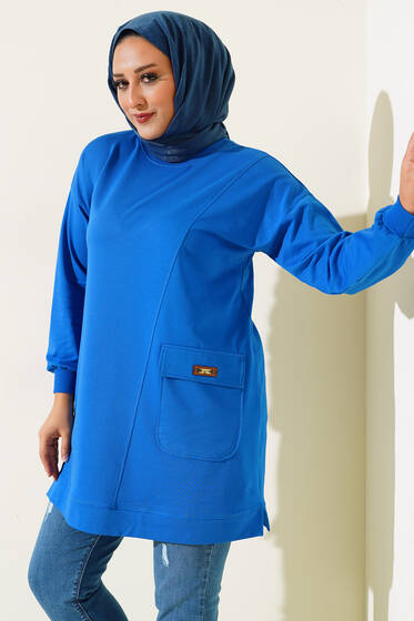 Tek Cepli Büyük Beden Tunik Saks - Tunik