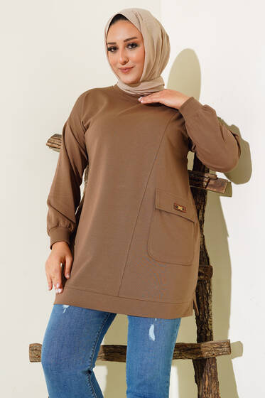 Tek Cepli Büyük Beden Tunik Taba - Tunik